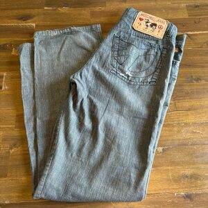 Moschino Jeans Peace Distressed Pants Lightweight Gray Blue Straight Leg Mens 33